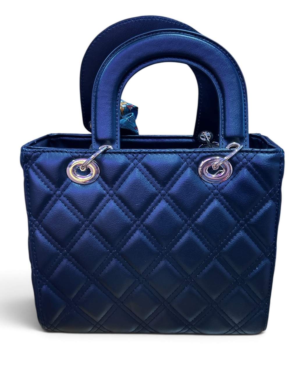 Wendy Keen Quilted Black Satchel with Scarf Accent and Ring Charm - Picture 2 of 4